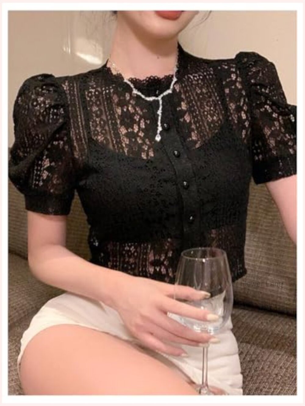 Sheer Mesh Lace Button Down Crop Top Puff Sleeve Elegant Blouse - Picture 4 of 5